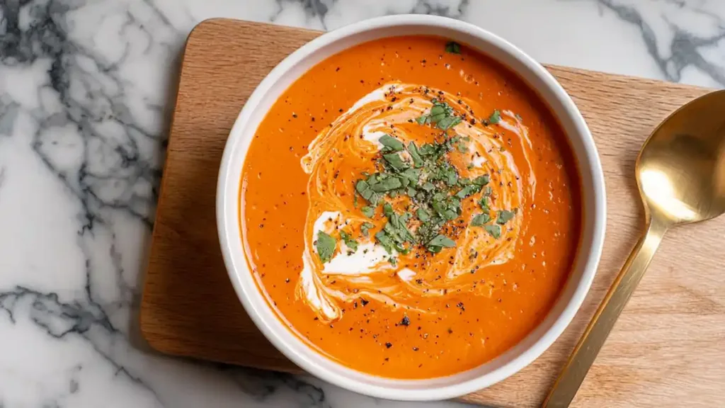 Bowl of tomato basil soup with cream swirl and chopped herbs on a wooden board