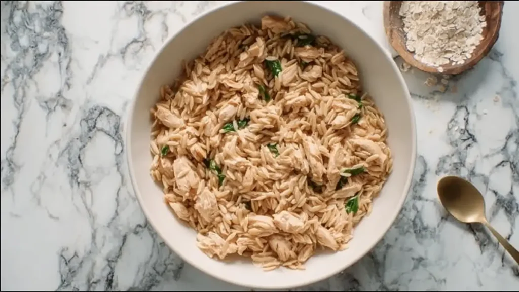 High Protein Chicken Orzo 4 bowl of chicken orzo pasta salad with greens on marble background