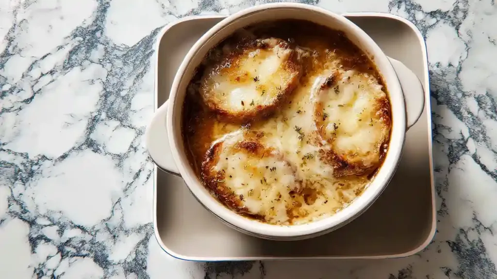 baked French onion soup with cheese toast topping in white bowl
