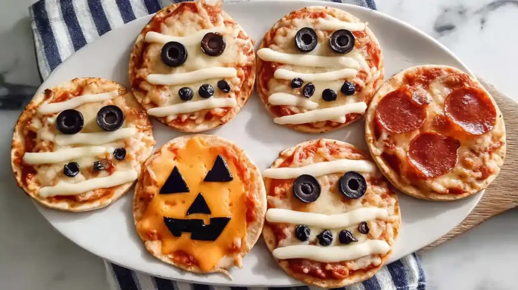 Easy Mini Halloween Pizzas 5 mini pizzas decorated like mummies, jack-o'-lanterns, and monsters with olives and cheese