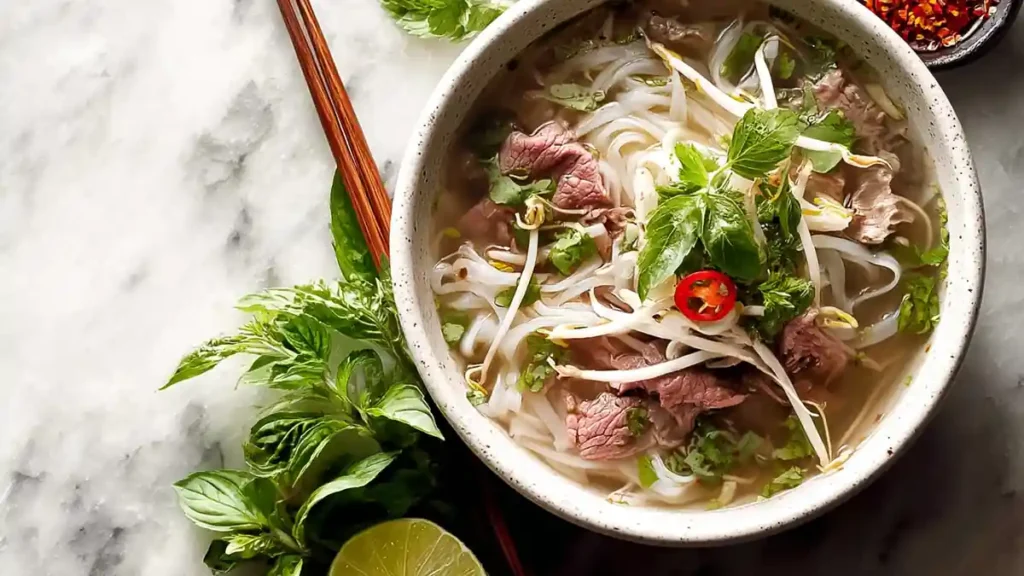 Vietnamese Pho recipe 5 Vietnamese pho soup with rice noodles, rare beef slices, herbs, chili, and lime on the side