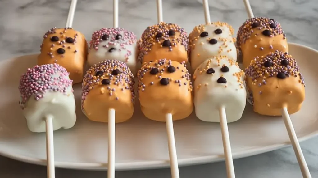 Pumpkin Marshmallow Lollipops 4 Halloween-themed marshmallow pops with orange and white coating and colorful sprinkles