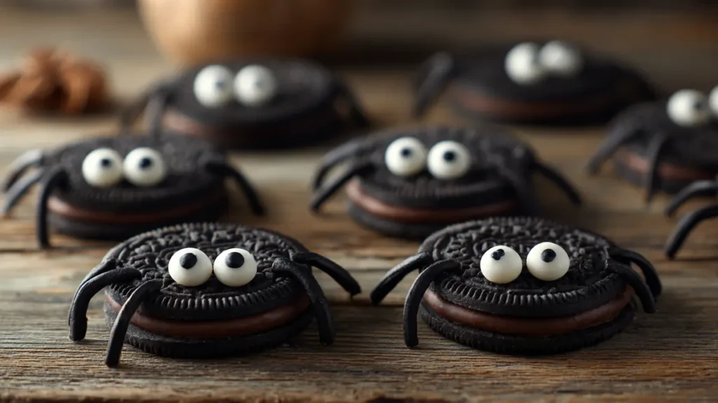 Spider Oreo Cookies 4 Chocolate Oreo spider cookies with candy eyes and black licorice legs on rustic wood