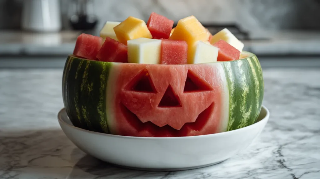 Healthy Halloween Treats 5 jack-o'-lantern watermelon fruit bowl filled with colorful melon cubes on marble countertop