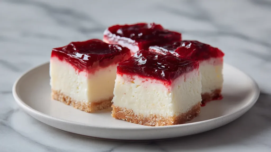 Cheesecake Bars with Wine Gelée 4 cherry cheesecake bars with graham cracker crust on white plate