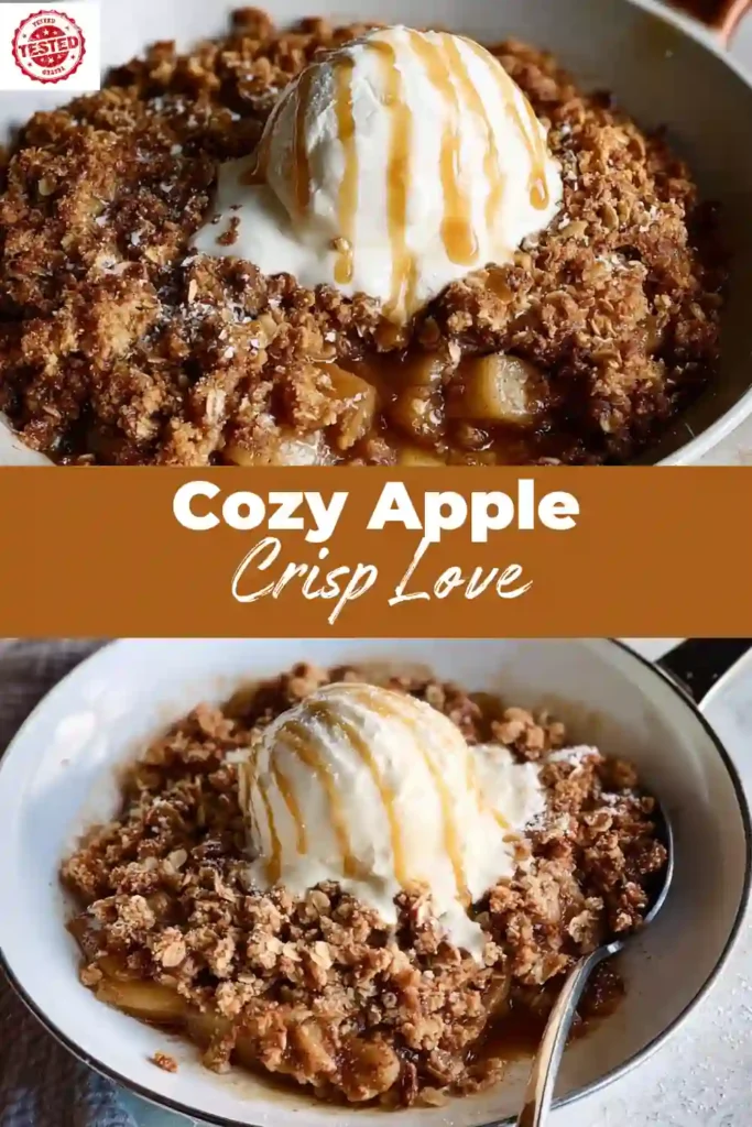 Oat‑Topped Apple Crisp with Warm, Cozy Crunch 3 warm apple crisp topped with vanilla ice cream and caramel drizzle in rustic skillet