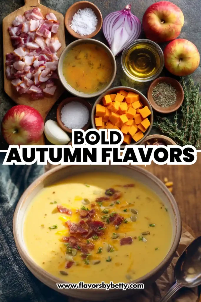 Creamy Apple Cheddar Soup , Cozy, Protein‑Powered Family Favorite 4 Rustic fall soup with bacon, pumpkin, and herbs in a ceramic bowl, surrounded by seasonal ingredients like apples, onion, and thyme