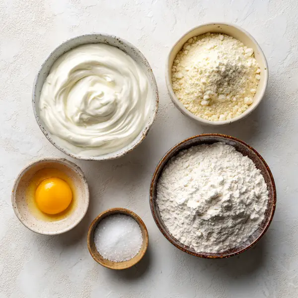 High Protein Bagel with Greek Yogurt Recipe You’ll Actually Crave 18 Overhead view of bagel dough ingredients including yogurt, flour, cheese, egg, and salt in ceramic bowls