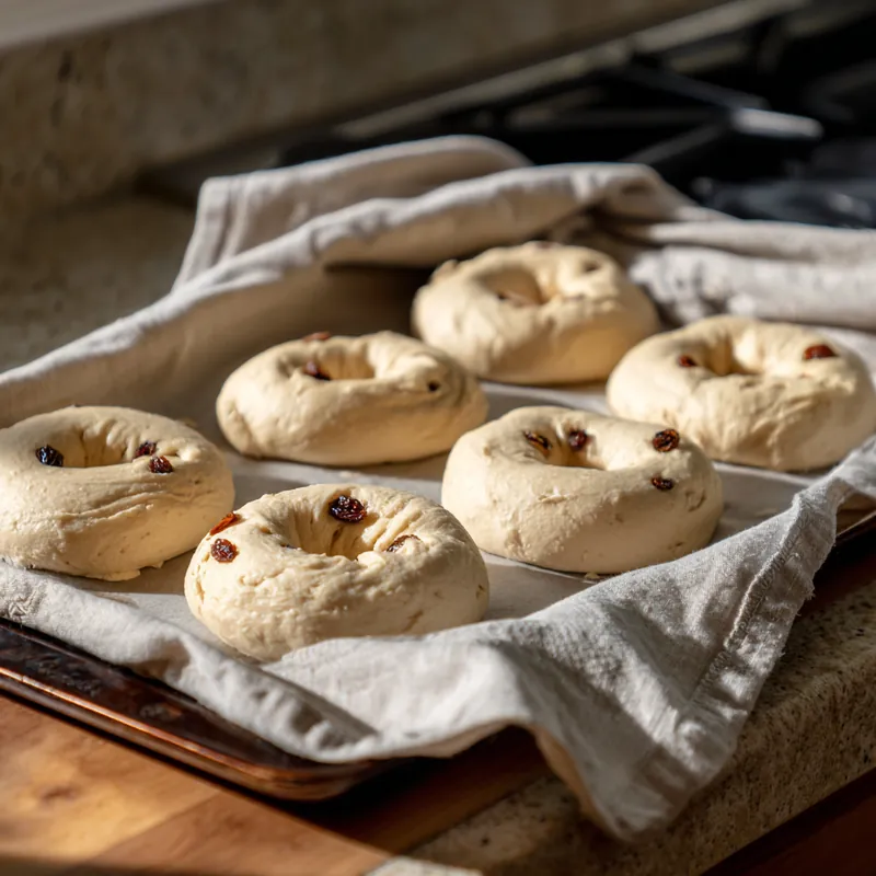 Cinnamon Raisin Bagel Recipe (Better Than Store-Bought) 16 raisin bagels on baking tray with kitchen towel during second rise before baking
