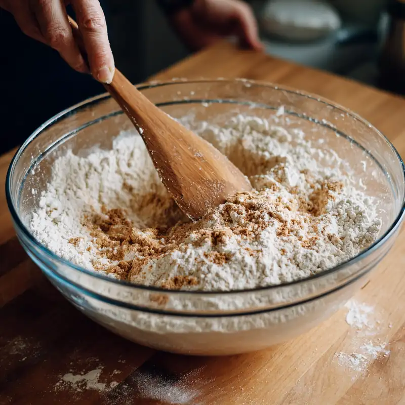 Cinnamon Raisin Bagel Recipe (Better Than Store-Bought) 13 mixing flour and brown sugar in glass bowl with wooden spatula on wood countertop
