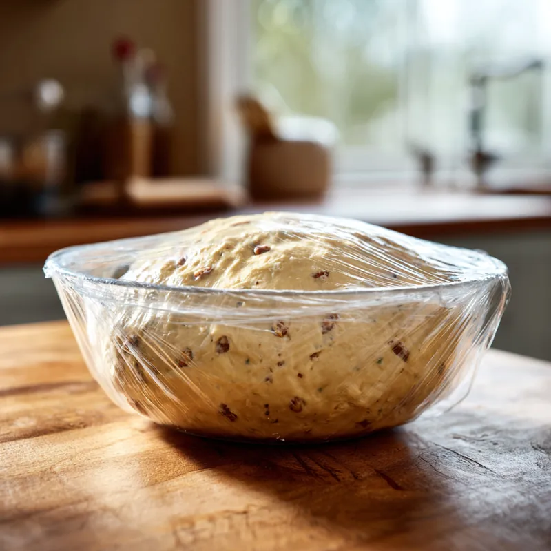 Cinnamon Raisin Bagel Recipe (Better Than Store-Bought) 14 raisin bagel dough rising in glass bowl covered with plastic wrap on wooden counter
