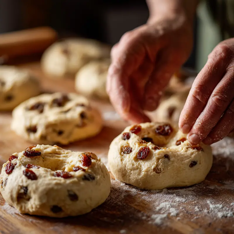 Cinnamon Raisin Bagel Recipe (Better Than Store-Bought) 15 hands shaping raisin bagel dough on floured wooden surface