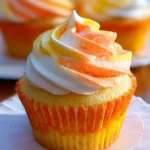 vanilla cupcake topped with whipped frosting and candy corn pieces