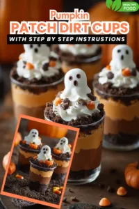 chocolate and pumpkin mousse dirt cups topped with whipped cream ghosts and candy pumpkins