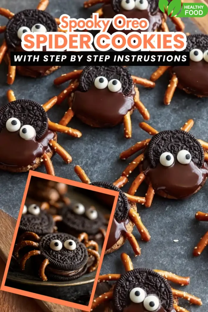 Oreo Spider Halloween Cookies 6 chocolate-dipped Oreo cookies with pretzel legs and candy eyes shaped like spiders