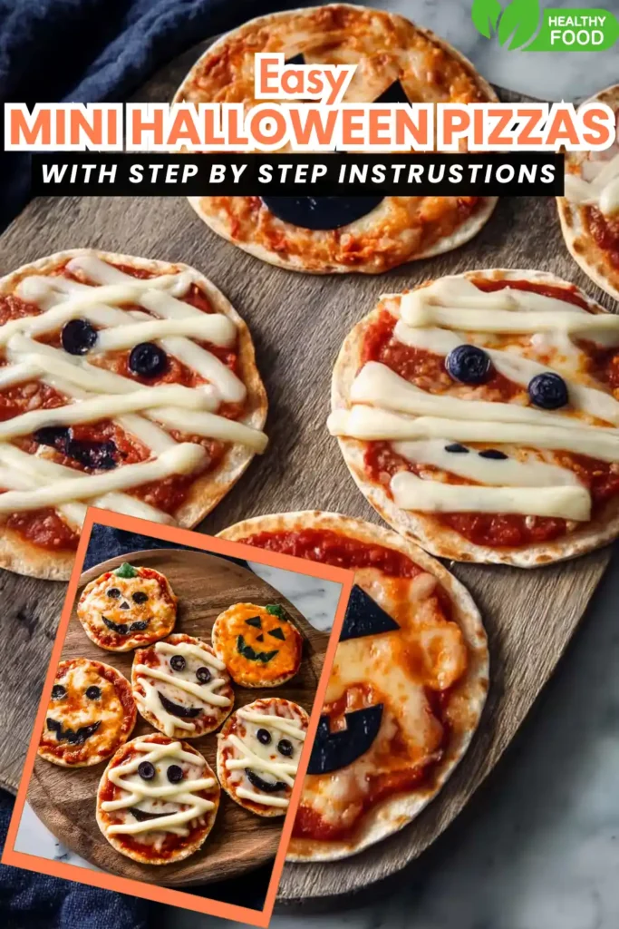 Easy Mini Halloween Pizzas 6 mini pizzas decorated with mozzarella mummies, jack-o'-lantern cheese, and olive monster faces