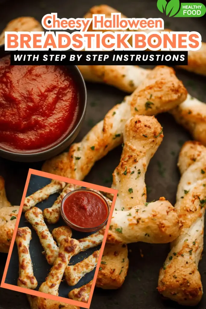 bone-shaped cheesy breadsticks with marinara dip, served on slate plate, Halloween appetizer