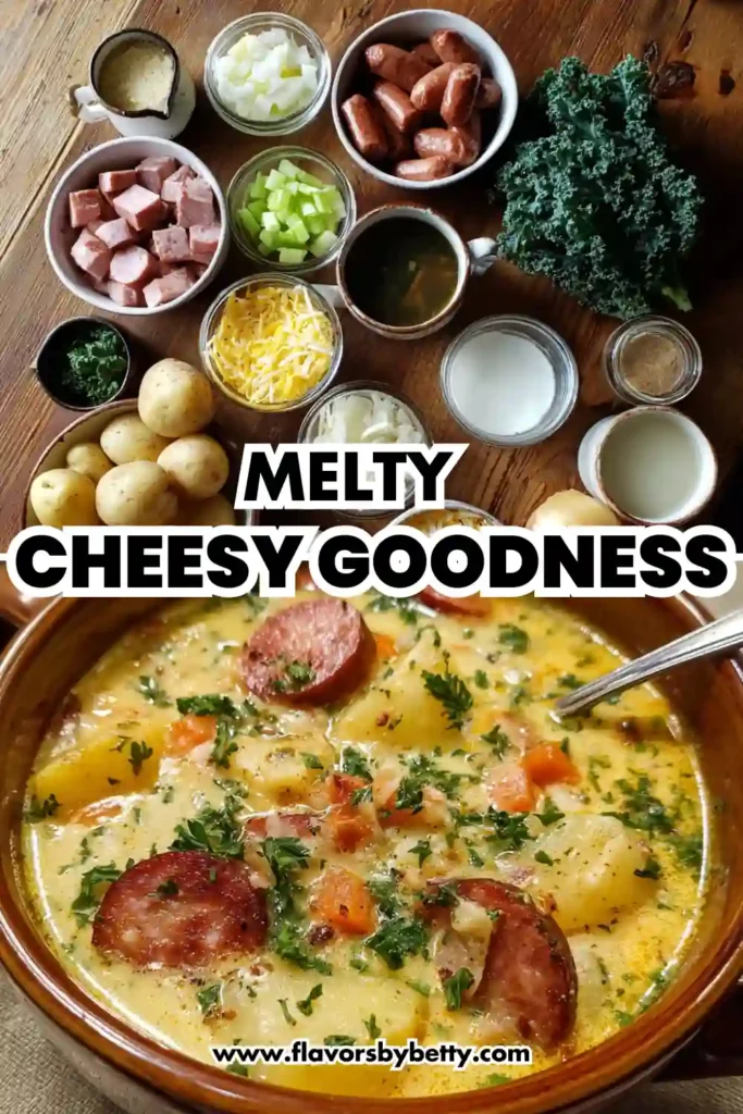 Creamy Cheesy Potato Kielbasa Soup , High‑Protein Comfort in Every Spoonful 4 cheesy kielbasa potato soup with creamy broth, sliced sausage, fresh herbs, and melty cheese
