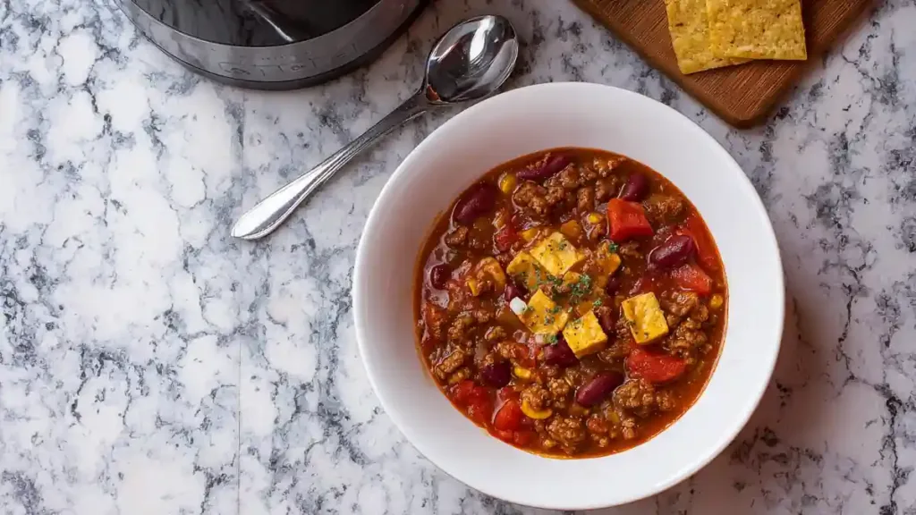 hearty chili with ground beef, kidney beans, corn, and cornbread topping in a white bowl