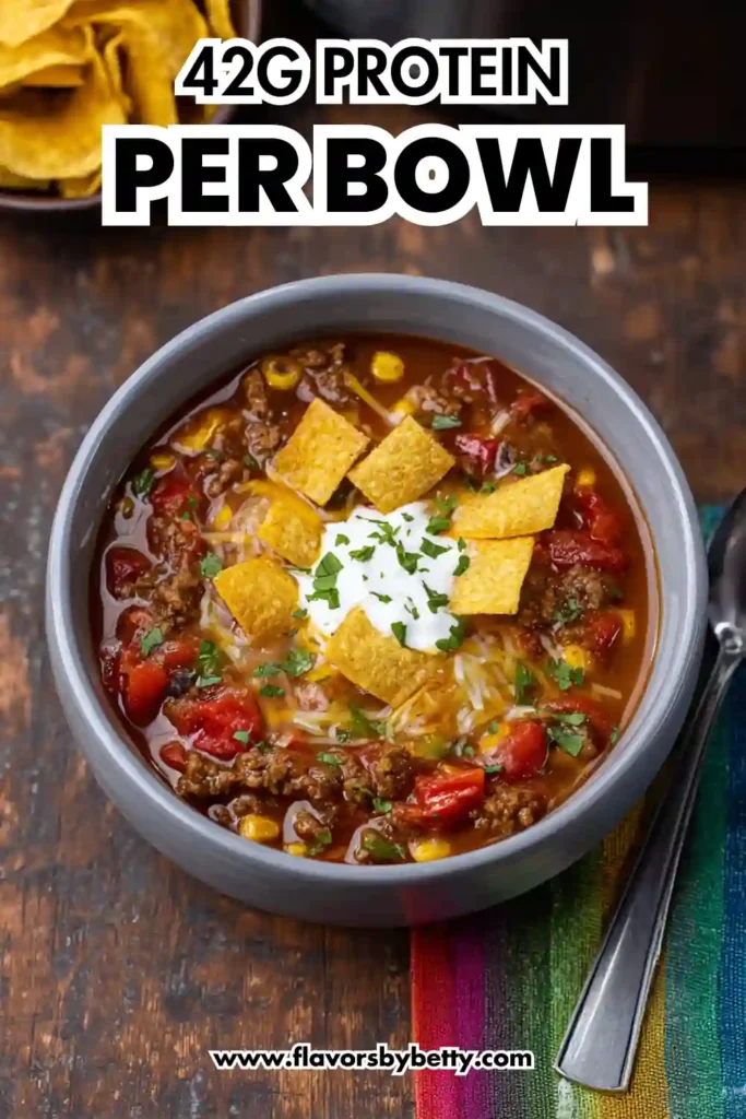Hearty High Protein Taco Soup (Slow Cooker-Friendly!) 2 high-protein chili bowl with ground beef, corn, tomatoes, shredded cheese, sour cream, and tortilla strips