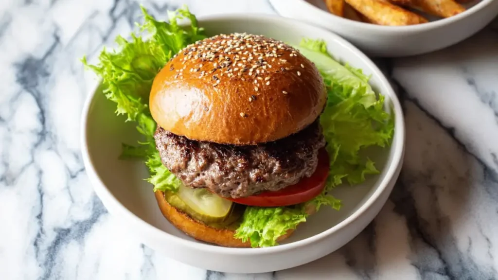 Best Hamburger Patty Recipe 4 Juicy beef burger with lettuce, tomato, pickles, and sesame bun on a plate