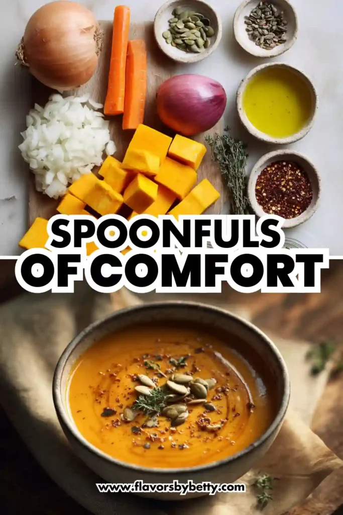 Cozy Autumn Squash Soup , a rich, protein‑powered fall favorite 4 Butternut squash soup ingredients and a bowl of soup garnished with seeds and thyme on rustic background