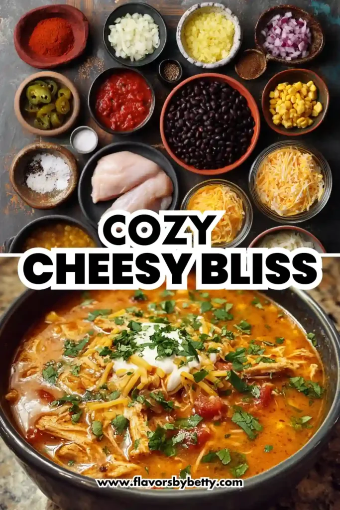 Cozy Chicken Enchilada Soup – Protein‑Packed Comfort in a Bowl 2 Cozy chicken chili soup ingredients and bowl topped with shredded cheese, sour cream, and cilantro
