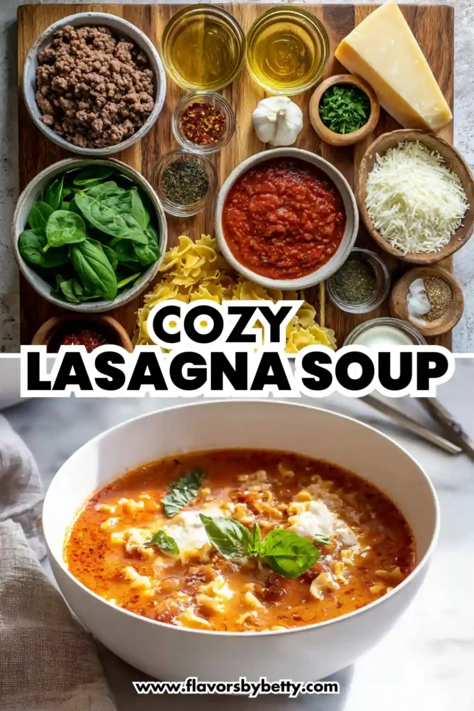 Cozy Lasagna Soup Recipe (High Protein & Family-Approved) 4 ingredients and bowl of cozy lasagna soup with pasta, tomato sauce, spinach, garlic, and melted cheese