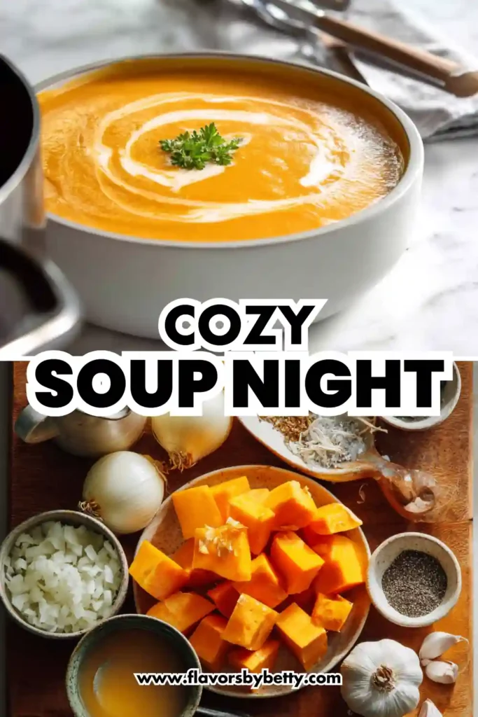 Hearty Pumpkin Soup That Warms the Soul (High‑Protein, Creamy & Cozy!) 4 Bowl of creamy orange soup with parsley garnish, fresh ingredients laid out including squash and onions