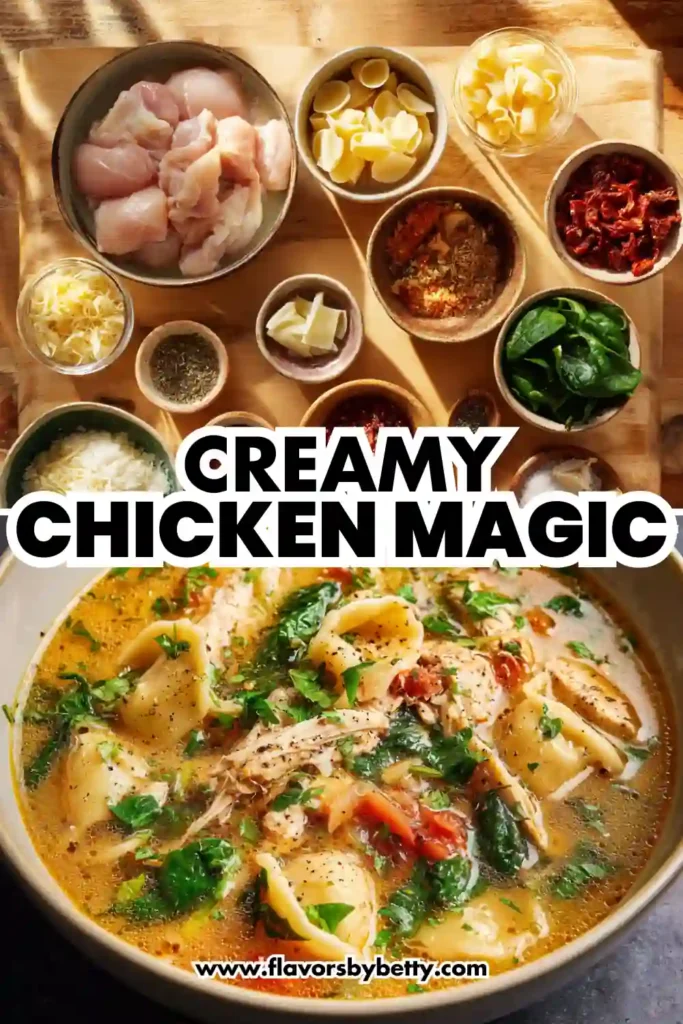 Creamy Marry Me Chicken Soup – Cozy, High-Protein Comfort for Fall 4 ingredients and bowl of creamy chicken tortellini soup with herbs and pasta