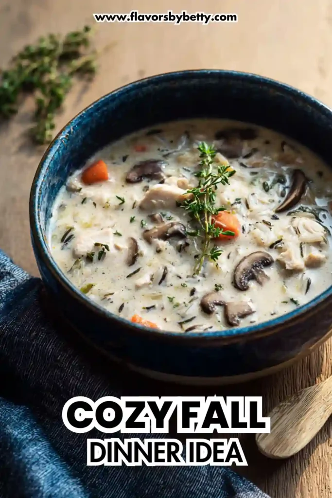 Creamy Mushroom Chicken and Wild Rice Soup – Cozy, Protein-Packed & Perfect for Fall 2 comforting creamy chicken wild rice soup in blue bowl with mushrooms and herbs