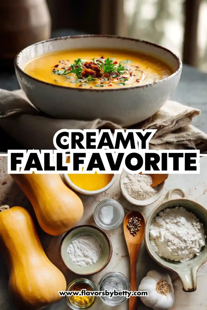 Butternut Squash Soup Recipe (Cozy Fall Favorite) 4 creamy pumpkin soup with bacon and parsley, ingredients and fall vibe, text overlay "creamy fall favorite"