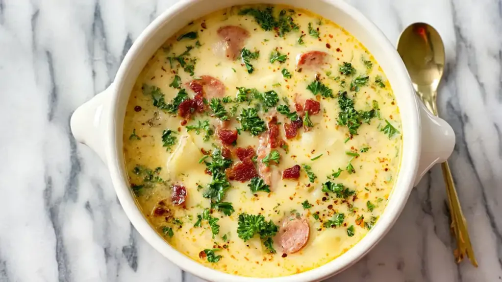 creamy sausage and potato soup with crispy bacon, parsley, and golden broth
