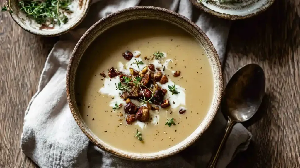 Cozy Chestnut Soup (Creamy, Comforting, Protein-Rich!) 5 Creamy soup topped with crispy bacon, herbs, and crème fraîche in rustic bowl