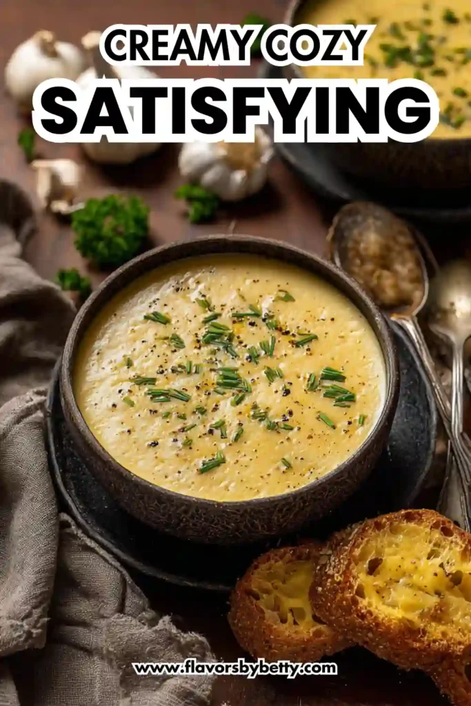 Hearty Cheddar Garlic Herb Potato Soup , Creamy, Cozy, Crowd‑Pleaser 2 Bowl of creamy soup topped with herbs and pepper, rustic background with garlic and toasted bread