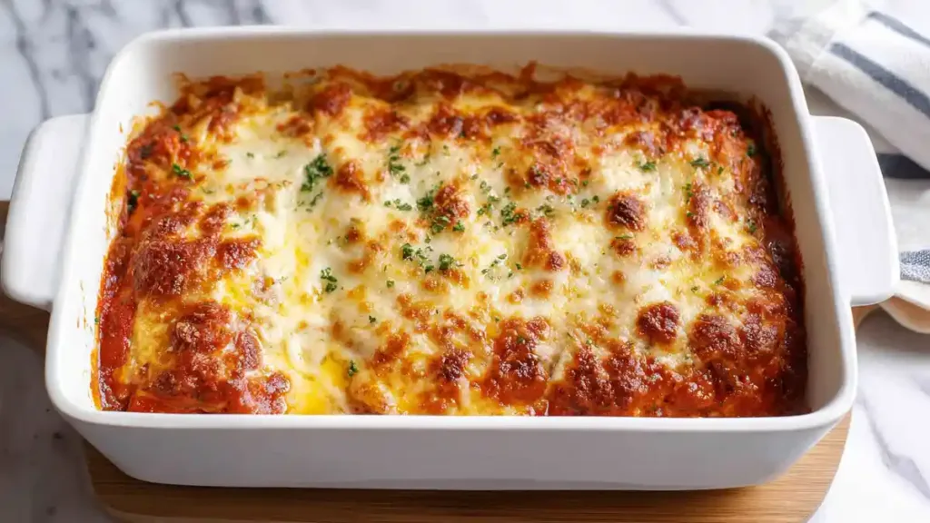 golden-brown baked lasagna in white casserole dish with melted cheese