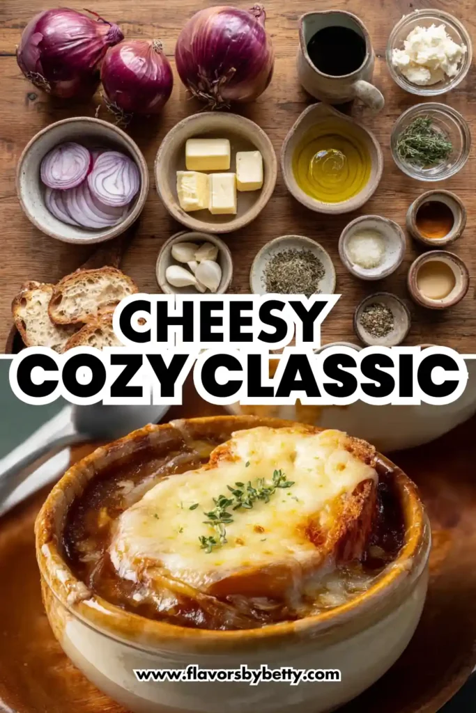 Classic French Onion Soup with Gruyère Toasts (Cozy Winter Favorite) 2 Overhead view of French onion soup ingredients and finished bowl with cheese toast, labeled Cheesy Cozy Classic