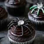 chocolate cupcakes topped with black frosting and candy spiders with colorful bodies