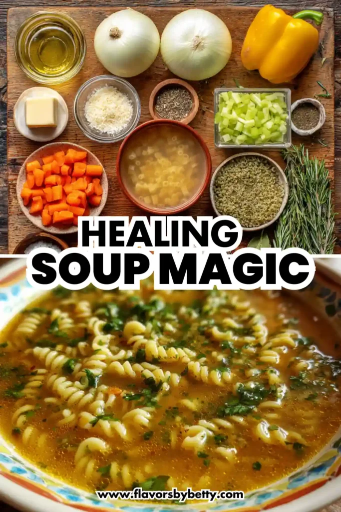 Easy Italian Penicillin Soup (Protein‑Packed Pastina Soup to Heal & Satisfy) 8 overhead view of soup ingredients and spiral pasta broth soup garnished with parsley