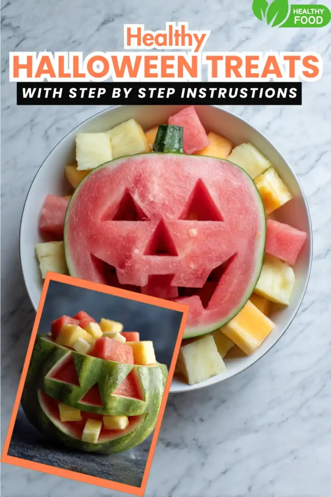 Healthy Halloween Treats 6 watermelon jack-o'-lantern bowl filled with pineapple and watermelon cubes, Halloween fruit snack