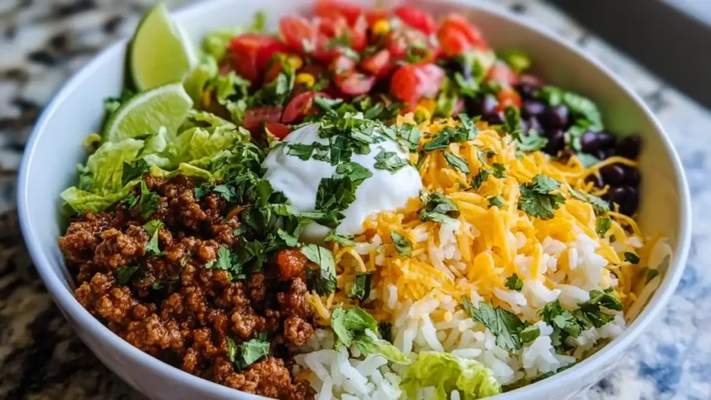 Taco Rice Bowl 4 Burrito bowl with rice, seasoned beef, black beans, shredded cheese, lettuce, tomatoes, and sour cream