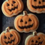 festive pumpkin sugar cookies with orange icing and black jack-o’-lantern faces