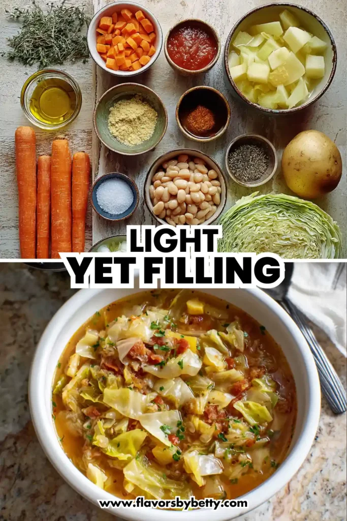 Protein‑Powered Cabbage Soup Recipe (Warm, Flavorful & Everyday Eats) 4 Overhead shot of cabbage soup ingredients and finished bowl, text reads "Light Yet Filling"