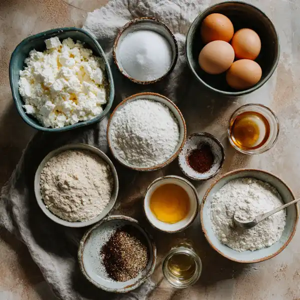 Low Carb High Protein Bagels That Actually Taste Good 6 Flat lay of low-carb baking ingredients including eggs, almond flour, ricotta, and sweetener in ceramic bowls