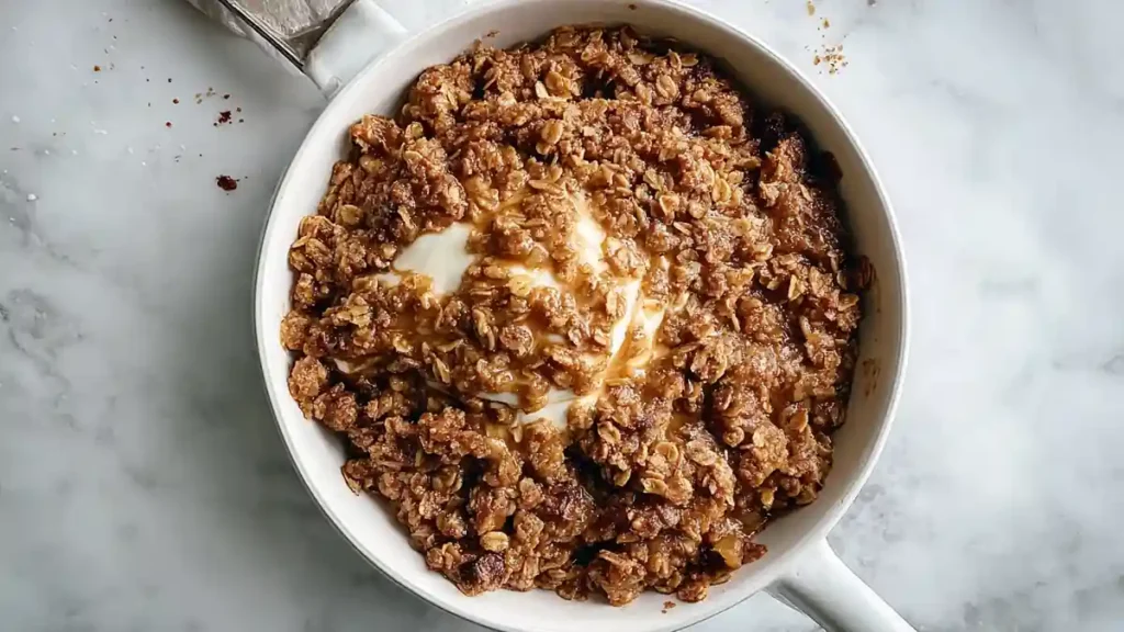 Oat‑Topped Apple Crisp with Warm, Cozy Crunch 2 caramelized oat crisp with creamy yogurt swirl in white skillet on marble surface
