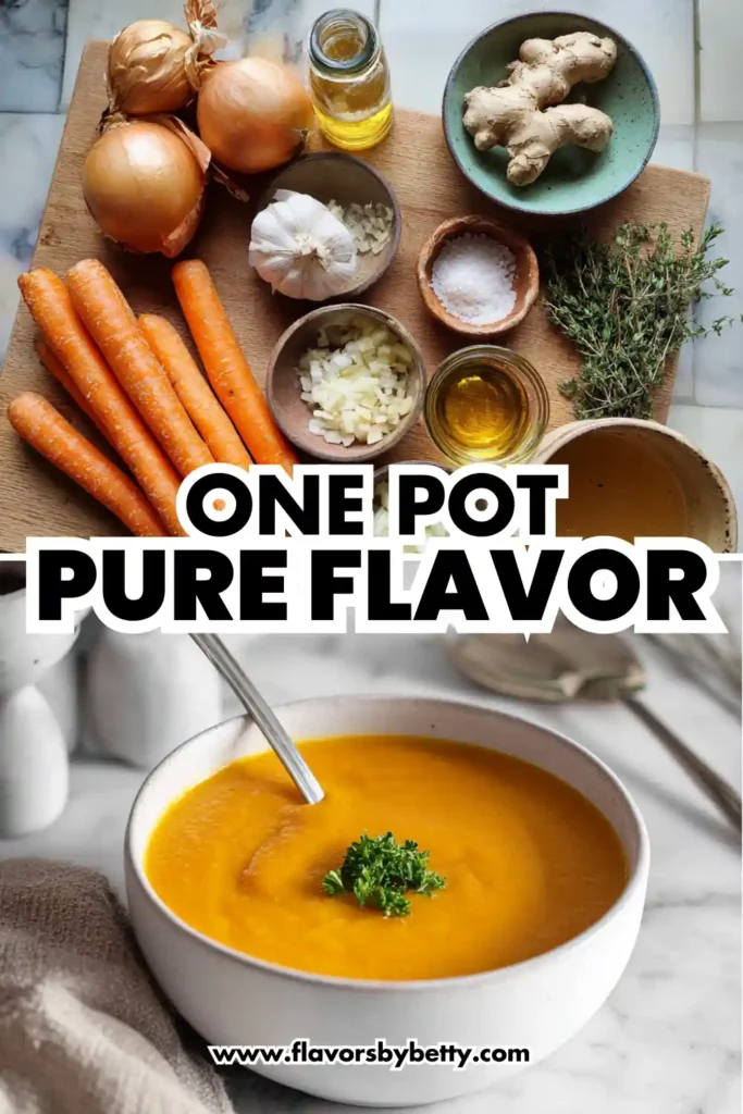 Cozy Protein-Packed Carrot Ginger Soup , High‑Protein + Flavorful Comfort Food 4 Vertical image showing ingredients like fresh carrots, onions, garlic, ginger, and thyme above a bowl of smooth carrot ginger soup, garnished with parsley.
