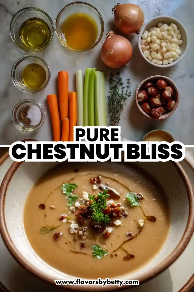 Cozy Chestnut Soup (Creamy, Comforting, Protein-Rich!) 4 Rustic chestnut soup garnished with parsley and bacon bits, paired with fresh ingredients including carrots, celery, thyme, and hazelnuts