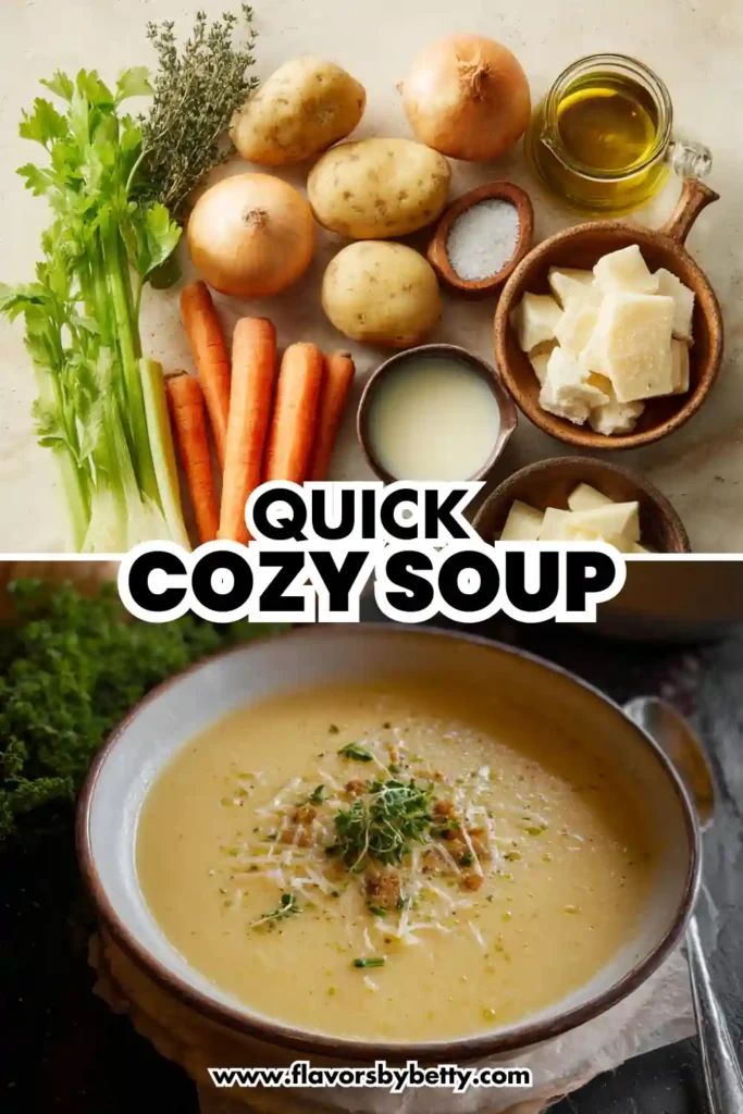 Cozy Creamy Parsnip Soup (Protein‑Packed Comfort in Every Sip) 4 ingredients and bowl of creamy soup with parmesan, herbs, and croutons labeled “quick cozy soup”