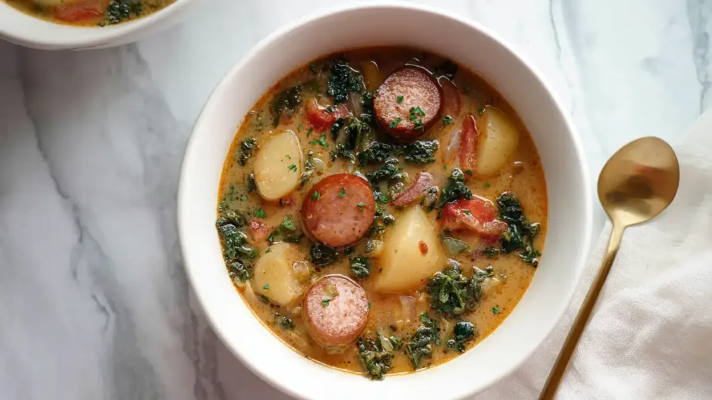 Creamy sausage, potato, and kale soup in a white bowl with herbs and golden spoon on marble background