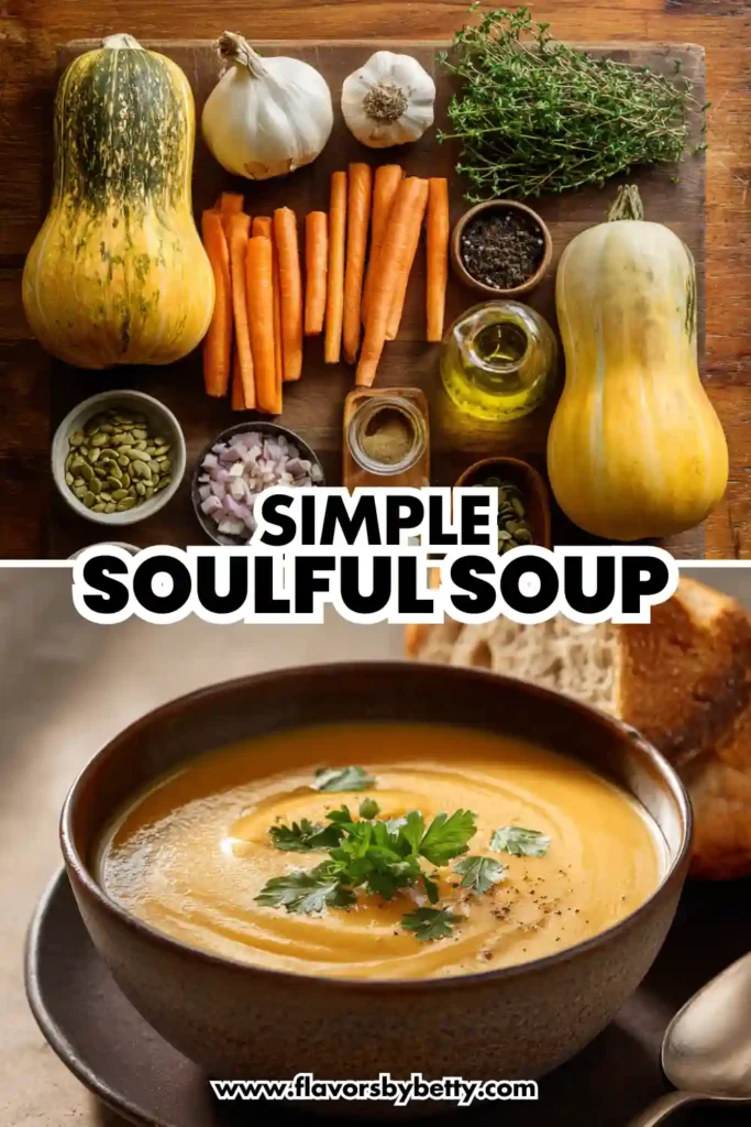 Hearty Acorn Squash Soup – Protein‑Powered Comfort in Every Spoonful 4 Ingredients for butternut squash soup and a bowl of garnished soup, text overlay “Simple Soulful Soup”